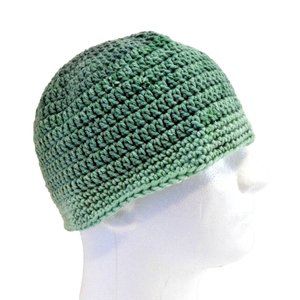 Green Beanie Stripe Skull Cap Forest Woods Hat Handmade Crochet Knit USA OS